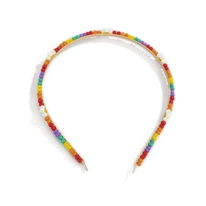 Handmade bohemian rainbow beaded headband with colorful daisy floral pattern on gold frame
