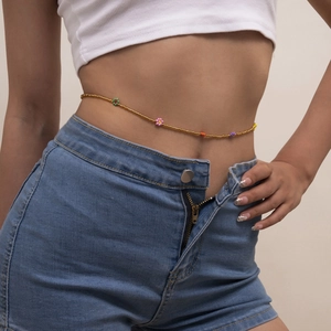Bohemian handmade beaded belly chain with colorful daisy flowers for beach vacation style