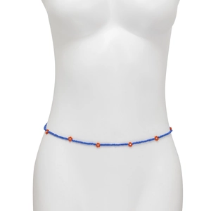 Detail of blue bead body chain featuring orange flower charms on a white mannequin