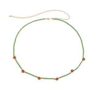 Bohemian green seed bead waist chain with red daisy flowers and gold clasp