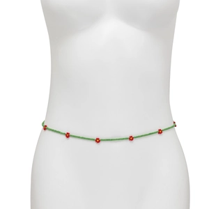 Detail view of handmade green seed bead waist chain with red daisy flower accents