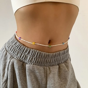 Bohemian seed bead waist chain with colorful flower patterns for summer beach jewelry