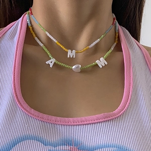 Boheems Meerkleurige Kristallen Rocailles Choker Halsketting Hart Imitatie Kunstparel Letters M A Hanger Zomer Y2K Sieraden Dames