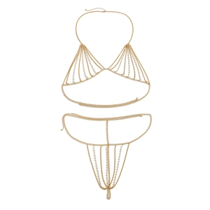 Ensemble chaîne de corps dorée deux pièces avec perles pour accessoires de bikini