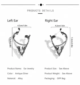 Detailed view of vintage silver elf ear cuffs with intricate rose flower design