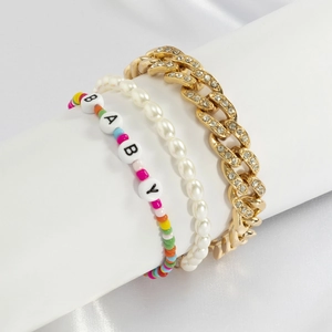 Set of 3 bracelets featuring gold rhinestone chain, faux pearls and colorful BABY beads