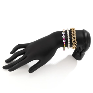 Three-piece bracelet set with colorful BABY beads, faux pearls, and gold Cuban link with crystals
