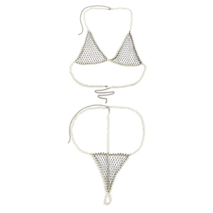 Exquisite pearl bikini body chain set with mesh design for beach and party wear