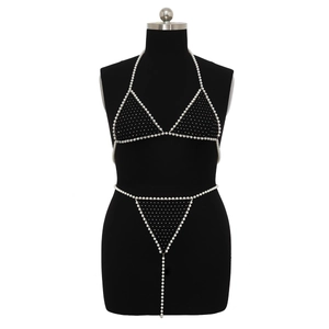 Exquisite pearl and rhinestone bikini body chain set for beach jewelry on a mannequin