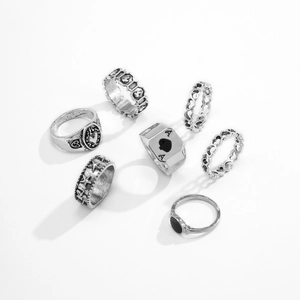 Vintage 7-piece silver-plated Ace of Spades and geometric ring set for men and women