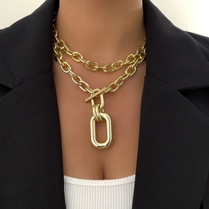 Chic gold double layer aluminum chain necklace with T-bar toggle clasp and oval pendant