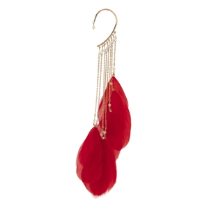 Detailed view of long gold chain tassels and vibrant red feathers on the bohemian ear cuff