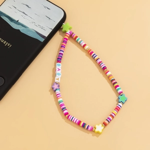 Macro shot of colorful handmade beaded phone strap with BABY letter beads and stars