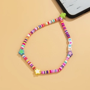 Detail of bohemian phone strap with colorful clay heishi beads and baby letter charms