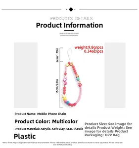 Detailed dimension chart for 15cm macaron color phone strap with acrylic flowers and beads