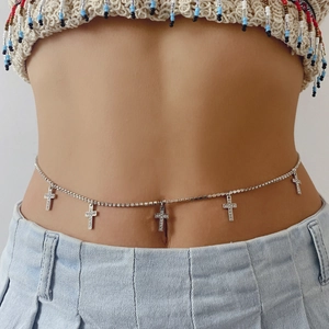Silver body chain for women with sparkling rhinestone cross pendants on a fine metal link