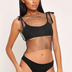 Sexy top a rete nera con strass scintillanti e spalline con fiocchi in raso