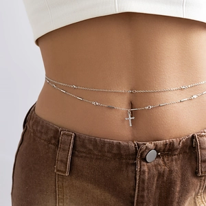 Double-layered silver waist chain with sparkling cross pendant and metal beads