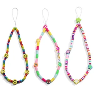 Colorful handmade beaded phone charms with macaron letters, fruits and smiley face designs