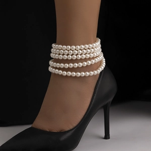 Bracelet de cheville élégant à cinq rangées de perles blanches rondes pour femme