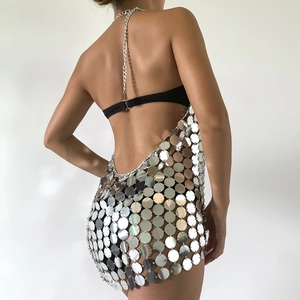 Bijoux de corps sexy en sequins argentés avec dos nu licou pour soirée et festival