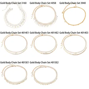 Lot de 8 chaînes de corps dorées multicouches avec pendentifs cœur, étoile et paillettes