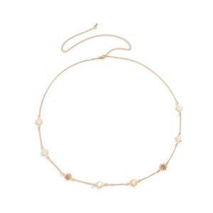 Golden hip-hop body chain with multiple sunburst pendants and lobster clasp closure