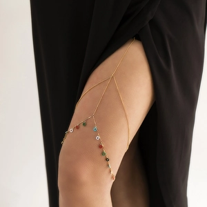 Golden multi-layer thigh chain with colorful evil eye charms for beach and party wear