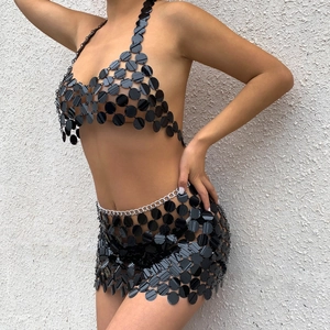 Sexy Sequin Body Chain Halter Backless Bikini Top And Mini Skirt Festival Rave Party Beachwear Shiny Metallic Plastic Jewelry Accessories For Women
