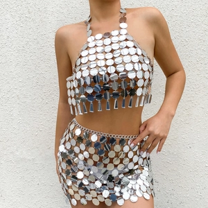 Shiny silver sequin body chain set with halter top and mini skirt for beach party