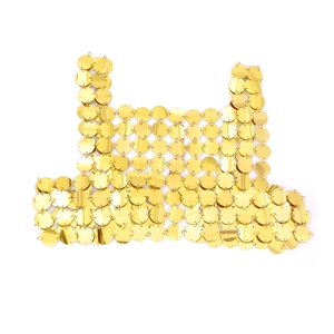 Haut court sexy en paillettes dorées avec disques métalliques ronds en maille filet