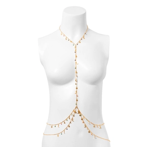 Detailed golden body chain with star moon pendants and colorful beads on white mannequin