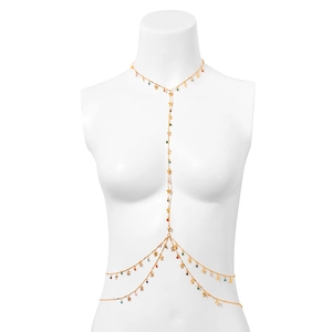 Detail of gold body chain featuring butterfly pendants and colorful beads on a mannequin