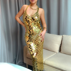 Sexy Damen Hohl Aus Pailletten Körperkette Kleid Clubwear Geometrische Runde Scheibe Halfter Rückenfreies Abendkleid