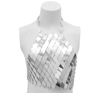 Haut licou sexy à paillettes argentées géométriques avec maille métallique ajourée