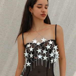 Silver hollow star sequin body chain with tassel fringe for trendy clubwear and street style