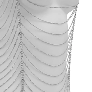 Close-up of a silver multi-layer fringed body chain with a sleek polished finish