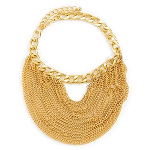 Chunky layered gold bib necklace with thick cuban links and delicate chain fringes