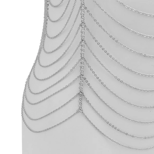 Detail view of multi-layer silver body chain featuring layered fringe and metal texture