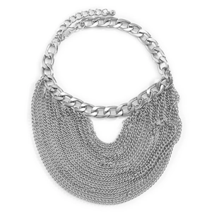 Close-up of layered silver fringe chains and curb link structure on a metallic anklet