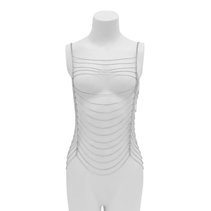 Detail view of multi-layer silver body chain with geometric layered fringe design