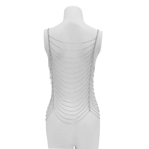 Detailed back view of silver multi-layer fringe body chain on a model for sexy styling