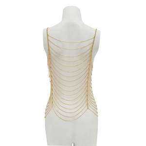 Detailed view of sexy gold multi-layer geometric body chain with elegant fringe on mannequin