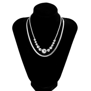 Zilveren gelaagde sieradenset met kralenketting en platte slangenketting voor dames trendy