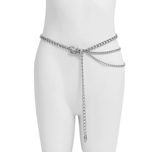 Detail view of silver layered metal waist chain with three tiers of hanging chunky links