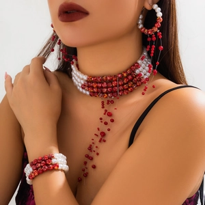 Gothic pearl choker and jewelry set featuring red blood drop tassels for Halloween style