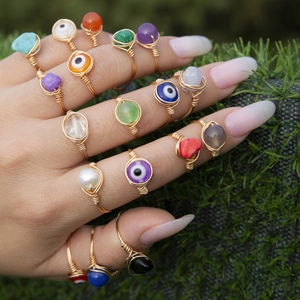 Handmade Copper Wire Wrapped Evil Eye Ring For Women Bohemian Ethnic Natural Stone Irregular Finger Ring Jewelry Gift