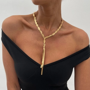 Elegant gold-tone braided snake chain Y-necklace featuring a stylish knotted metal design