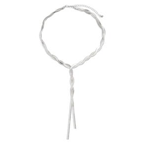 Detail of silver snake chain necklace with Y-shaped twist design and beaded pendant end