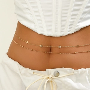 Double-layered gold chain belt with smiley face charms and beads for women beach style